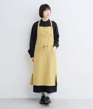 リネンコットンカフェ刺繍エプロン（イエロー・ML）
