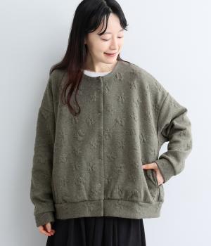 花モチーフ柄ふくれジャカードジャケット（カーキ・ML）