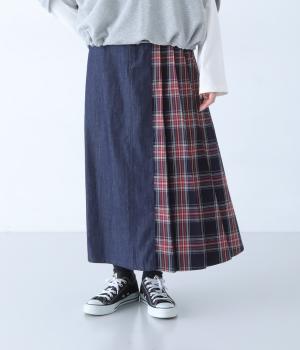 デニム×チェック柄プリーツドッキングスカート（ネイビー・ML）