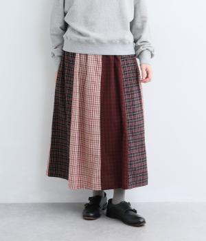 表起毛チェックパッチワークスカート（レッド・ML）