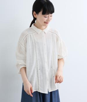 シングルガーゼ花刺繍×コットンレースブラウス(アイボリー-ML)