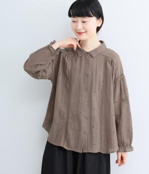 シングルガーゼ花刺繍×コットンレースブラウス(ブラウン-ML)