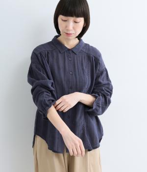 シングルガーゼ花刺繍×コットンレースブラウス(ネイビー-ML)