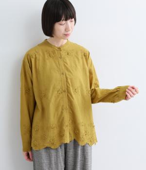 3D花柄層刺繍裾スカラップブラウス（イエロー・ML）
