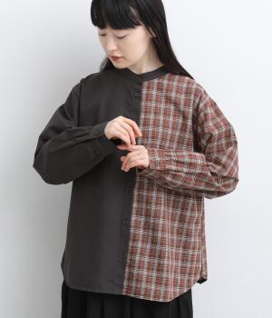 コットンリネンチェックアシンメトリーブラウス(チャコール-ML)