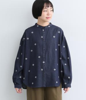 花柄刺繍デニムブラウス（ネイビー・ML）
