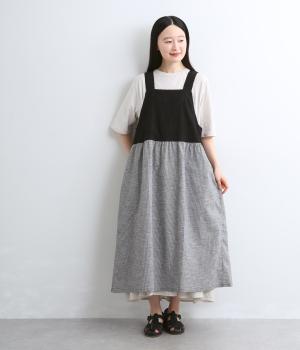 格子花柄刺繍×ギンガムワンピースエプロン(ブラック-ML)