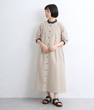 配色袖襟付きギャザーワンピース(アイボリー-ML)
