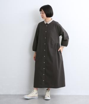 配色袖襟付きギャザーワンピース(チャコール-ML)