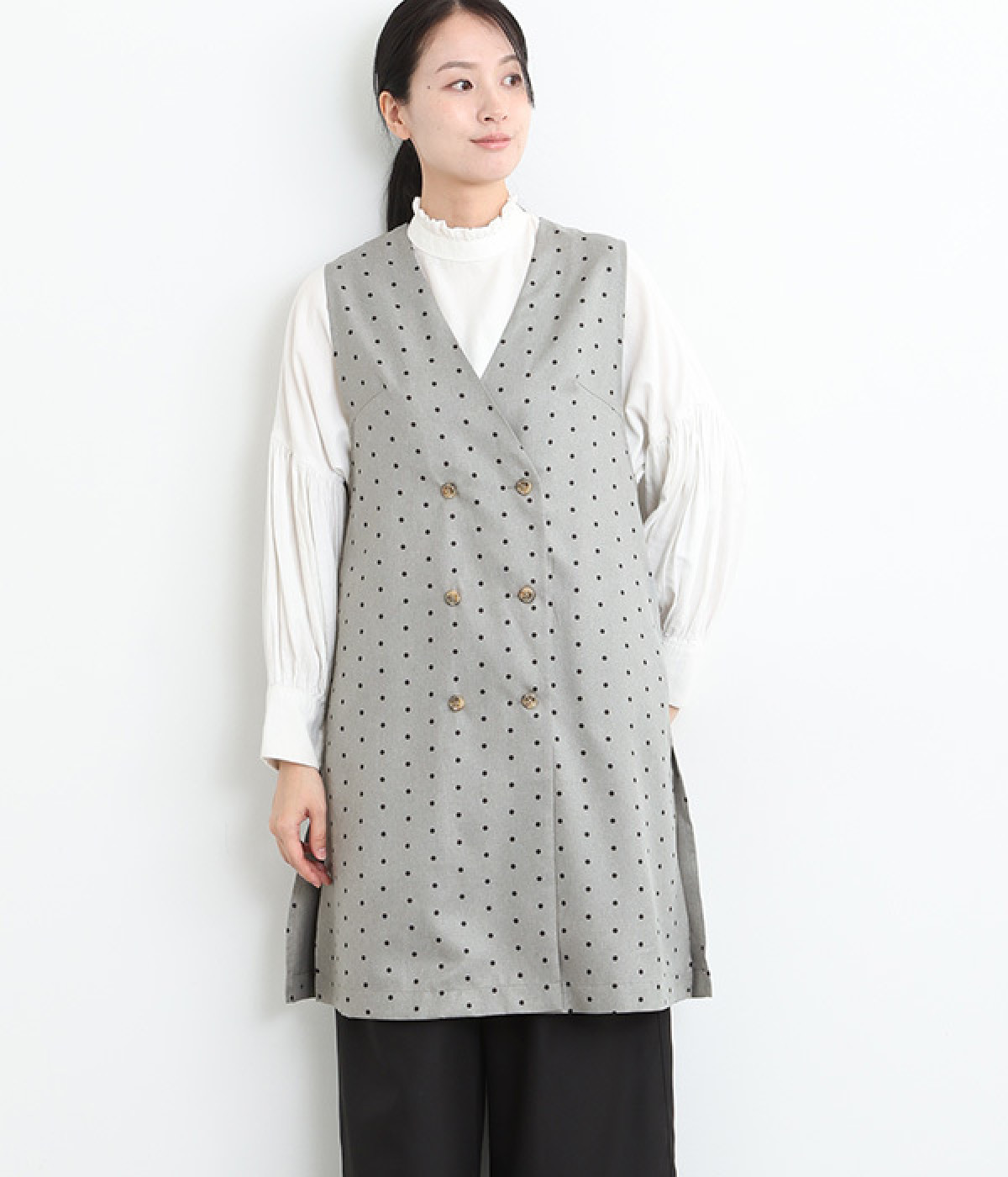 無地＆ドット柄ロングジレ(杢グレードット-M)