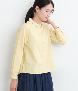 カカオ＆リボン刺繍入りシャツ(ライトイエロー-L)