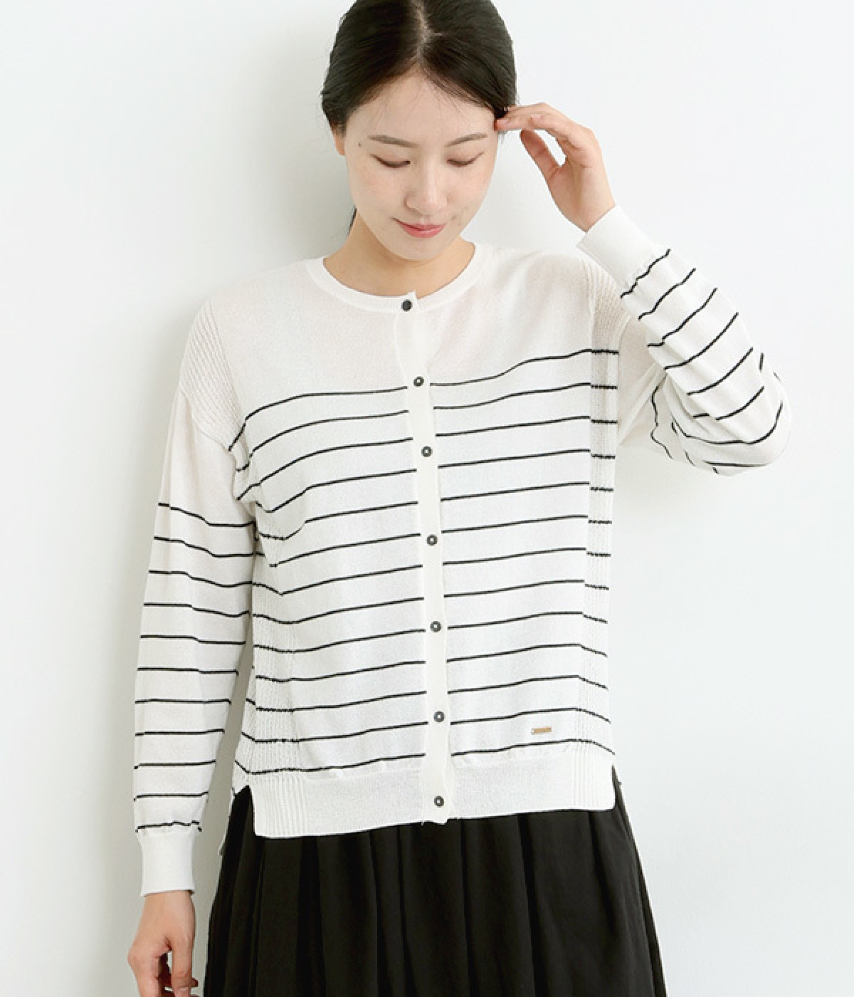 春色ニットカーディガン(オフ×ネイビーボーダー-L)