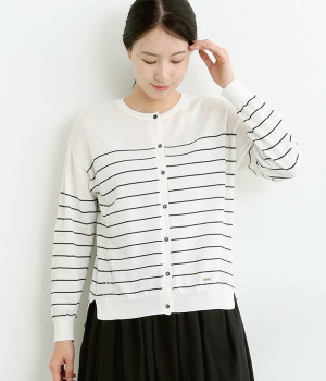 春色ニットカーディガン(オフ×ネイビーボーダー-L)