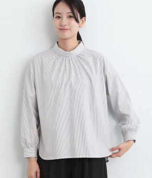 ロールカラー布帛プルオーバー(オフ×ブルーストライプ-M)