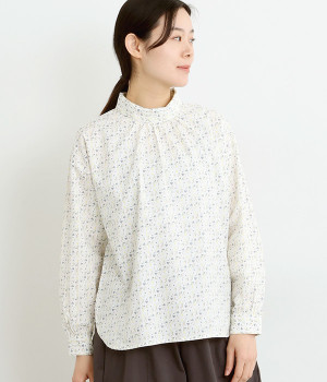 ロールカラー布帛プルオーバー(オフ×花柄-L)