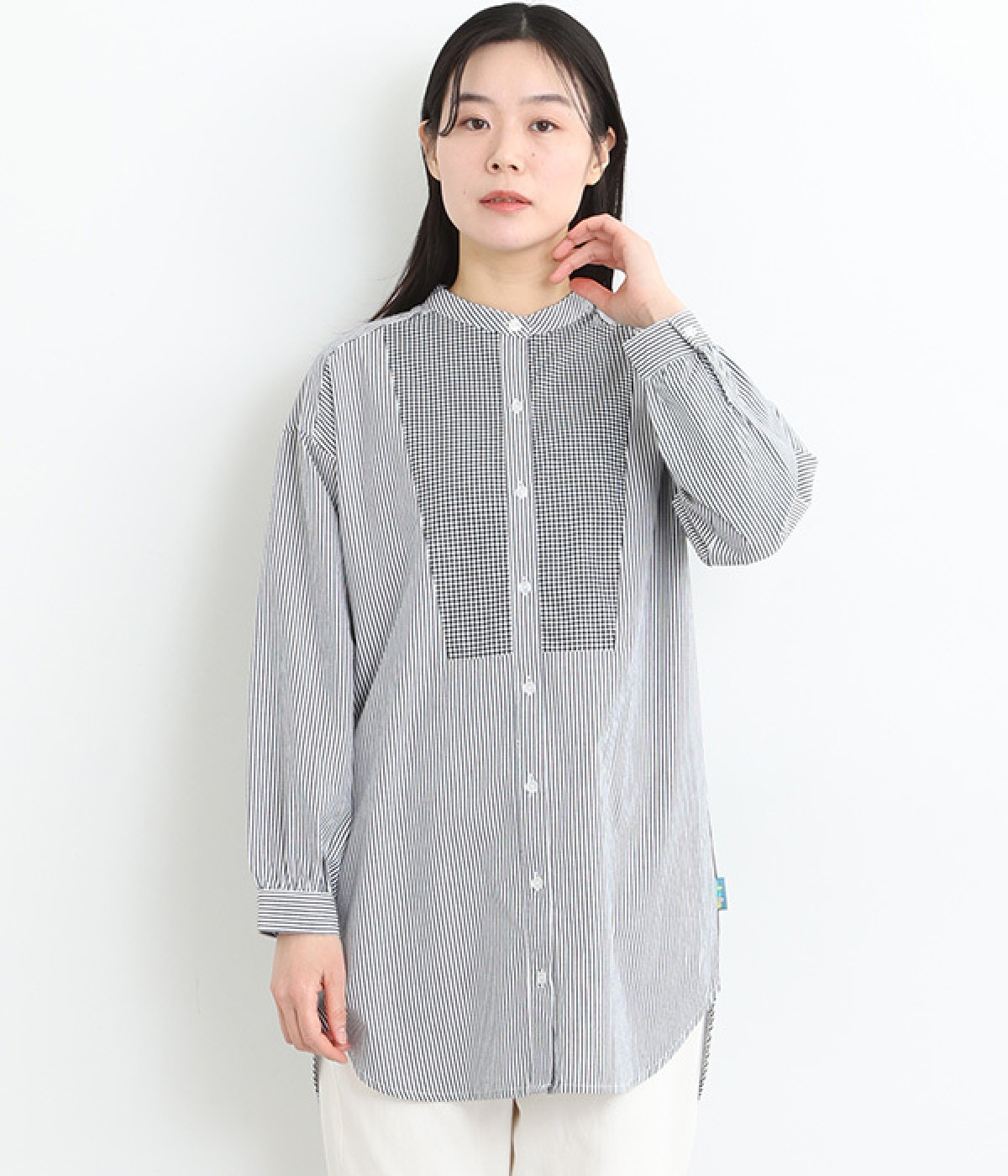 ストライプ・ギンガムチェックロングシャツ(オフ×ブラック-M)