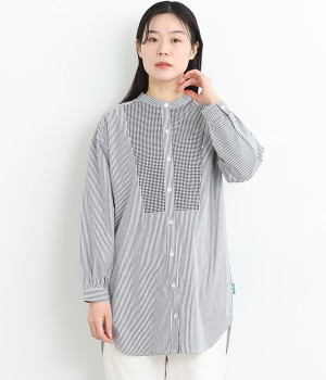 ストライプ・ギンガムチェックロングシャツ(オフ×ブラック-M)