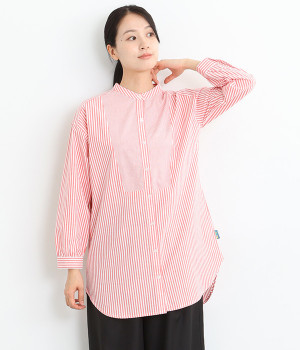 ストライプ・ギンガムチェックロングシャツ(ピンク×オフ-L)