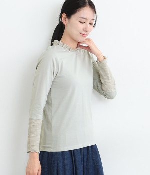 襟＆素材切替えカットソープルオーバー(ブルーグレー×レース-M)