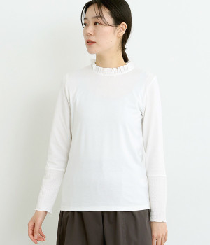 襟＆素材切替えカットソープルオーバー(オフ×レース-L)