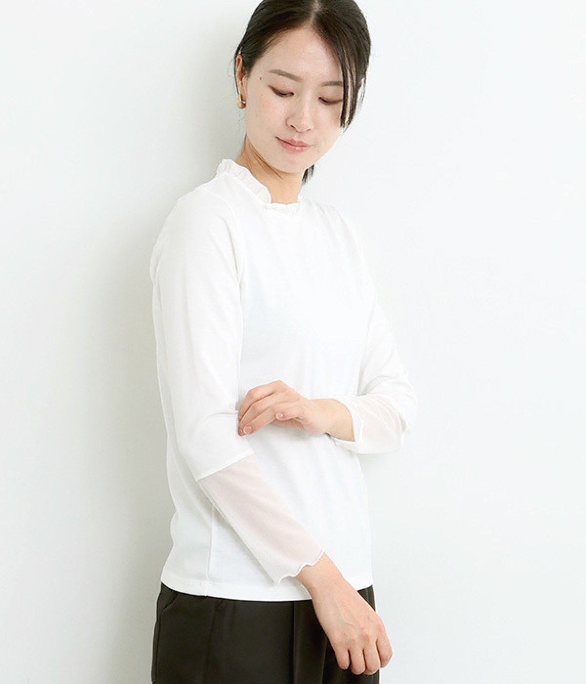 襟＆素材切替えカットソープルオーバー(オフ×チュール-L)