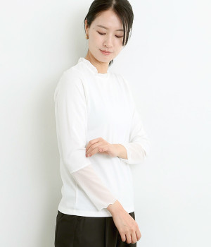 襟＆素材切替えカットソープルオーバー(オフ×チュール-L)