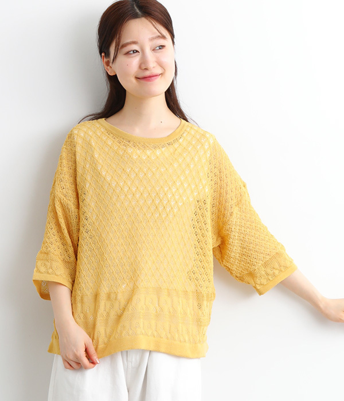 透かし編みニットプルオーバー(イエロー-M)