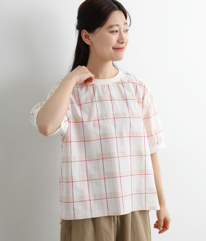 チェック&ストライプ柄Tブラウス(レッドチェック-M)