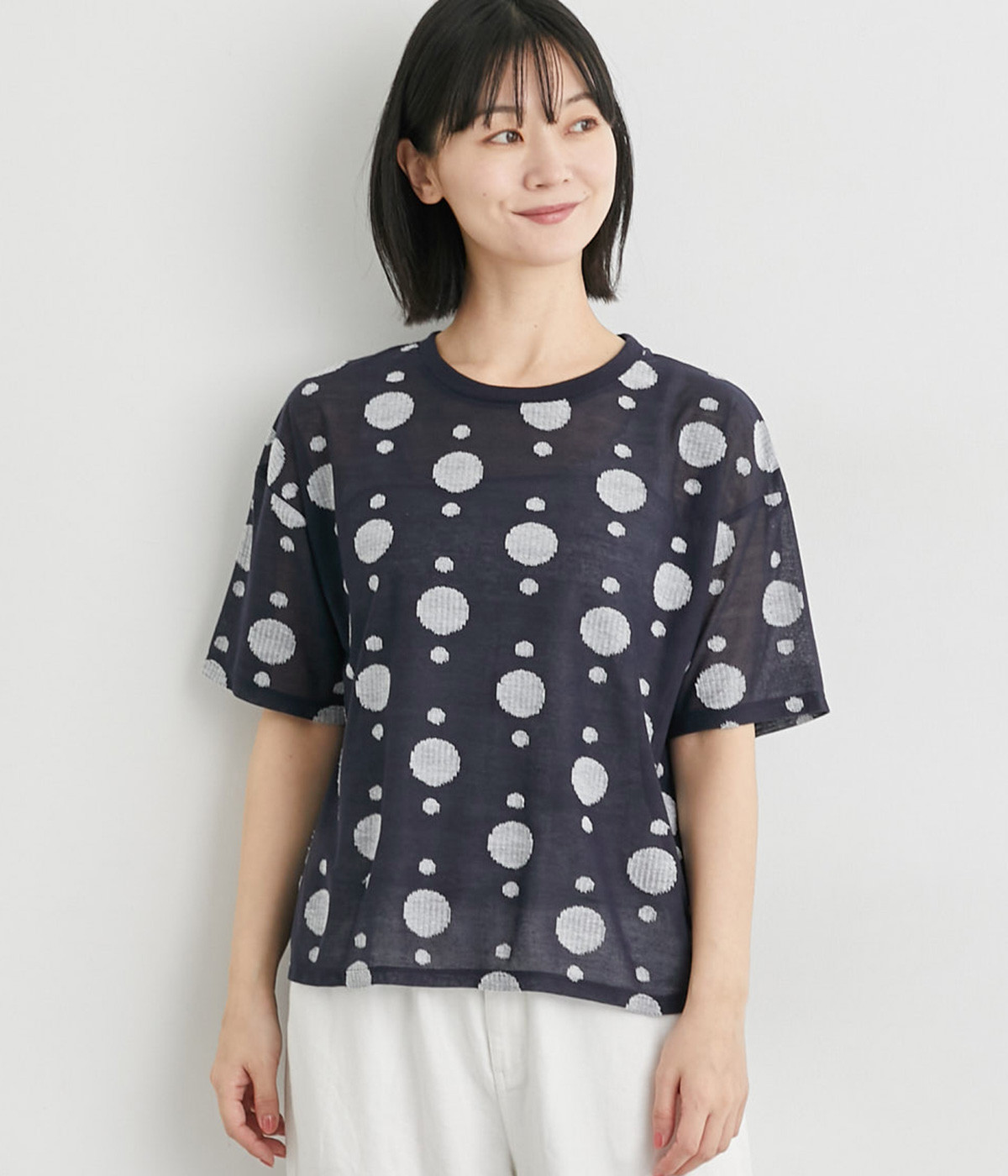 雨粒ドット柄カットプルオーバー(ネイビー-M)