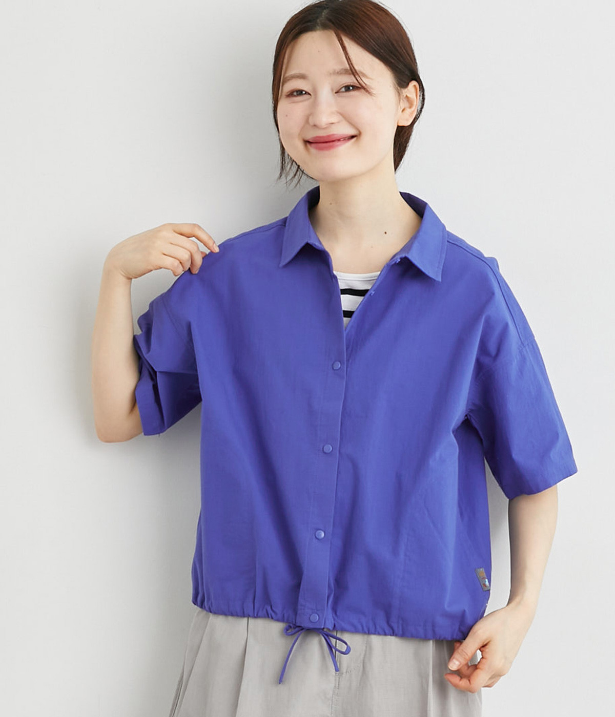 裾絞りスナップボタンシャツ(ブルー-L)