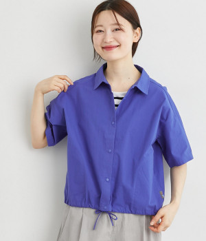 裾絞りスナップボタンシャツ(ブルー-L)