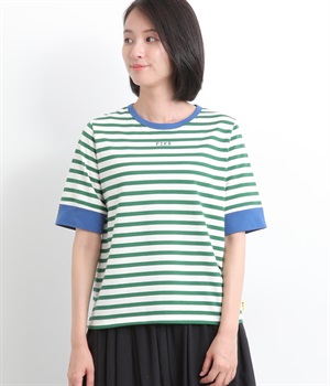 FIKA刺繍入りリンガーTシャツ(グリーンボーダー-L)