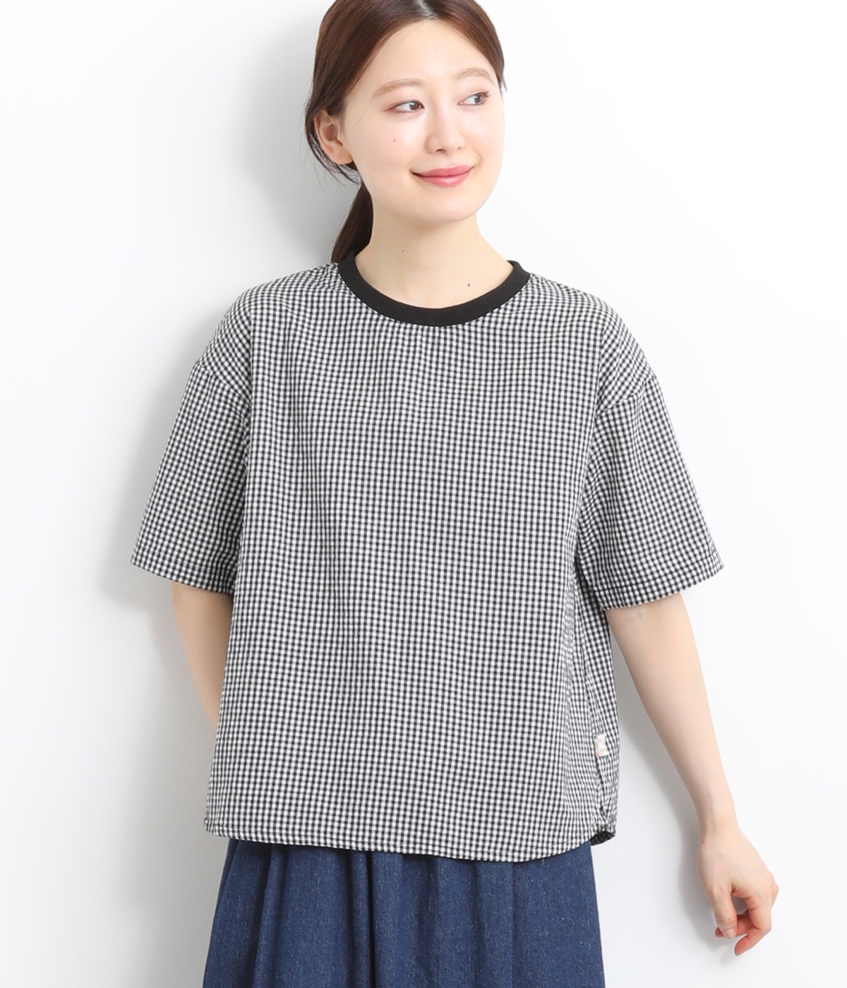 サッカーギンガムチェックリブ付きプルオーバー(オフ×ブラック-L)