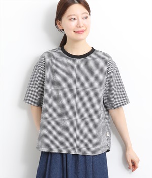 サッカーギンガムチェックリブ付きプルオーバー(オフ×ブラック-L)