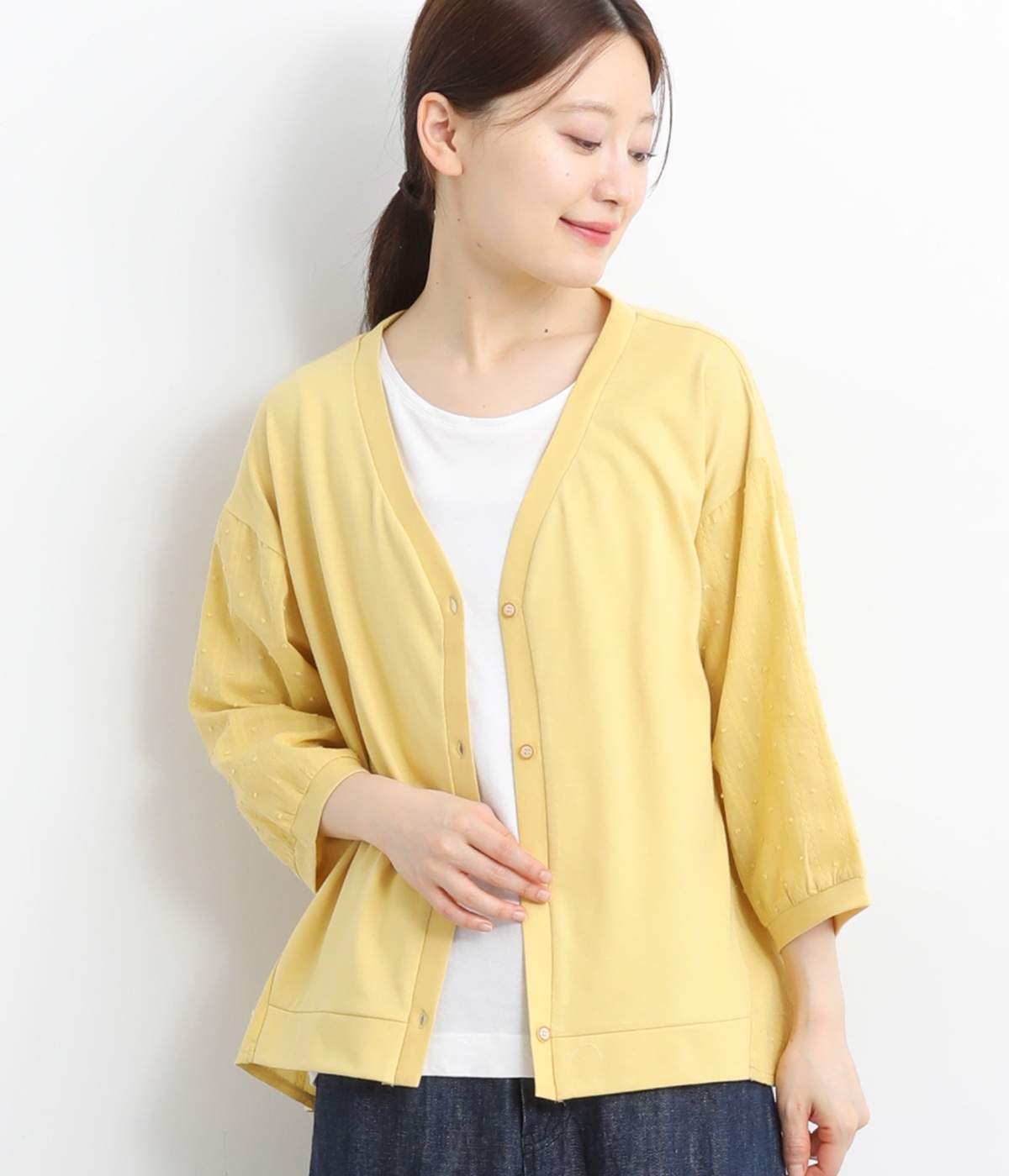 布帛切り替えカットカーディガン(マスタード-L)