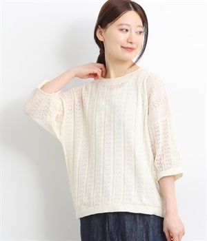 ポリエステル里山柄ニットプルオーバー(アイボリー-L)