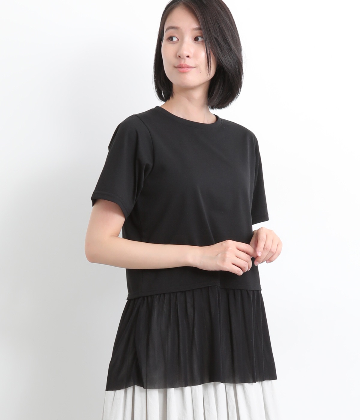 チュール切り替えカットプルオーバー(ブラック-L)