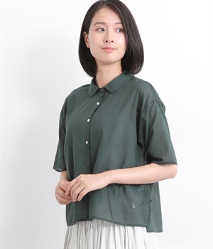 コットンいろいろボタン付きシアーシャツ(ダークグリーン-L)