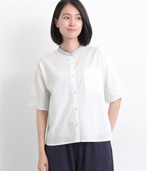 山刺繍入り配色襟シャツ(オフ-L)