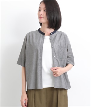 山刺繍入り配色襟シャツ(ブラックシャンブレー-L)
