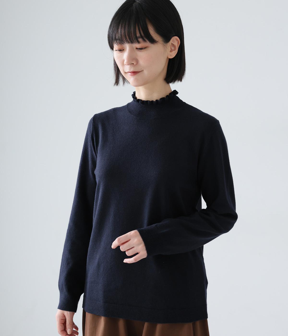 襟フリルインナーニットプルオーバー(ダークネイビー-M)