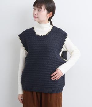 ブランケットステッチ入り2wayニットベスト(ネイビー-M)