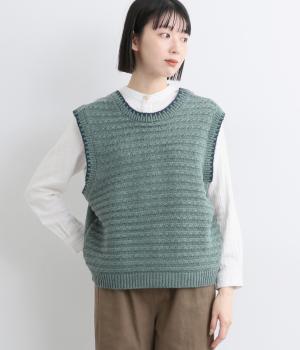 ブランケットステッチ入り2wayニットベスト(グリーン-L)