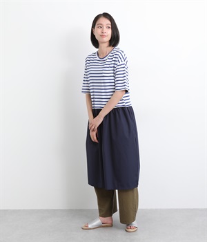 カット&布帛ドッキングワンピース(ブルーボーダー×ネイビー-L)