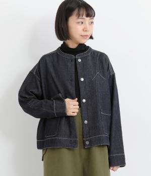 コットンツイル内ポケット付きデニム調ジャケット(先染めネイビー-L)