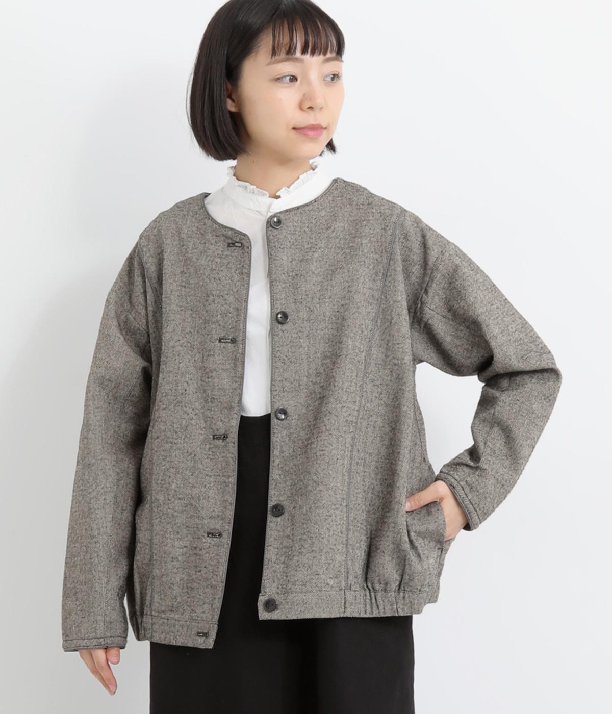 ポリエステルコットンヘリンボーン微起毛ノーカラーブルゾン(ブラックヘリンボーン-M)