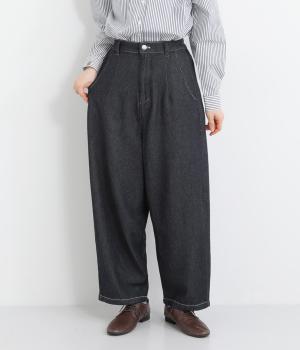 コットンツイルデニム調ワイドカーブパンツ(先染めネイビー-L)