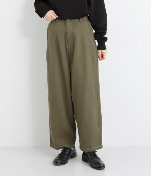 コットンツイルデニム調ワイドカーブパンツ(カーキ-L)