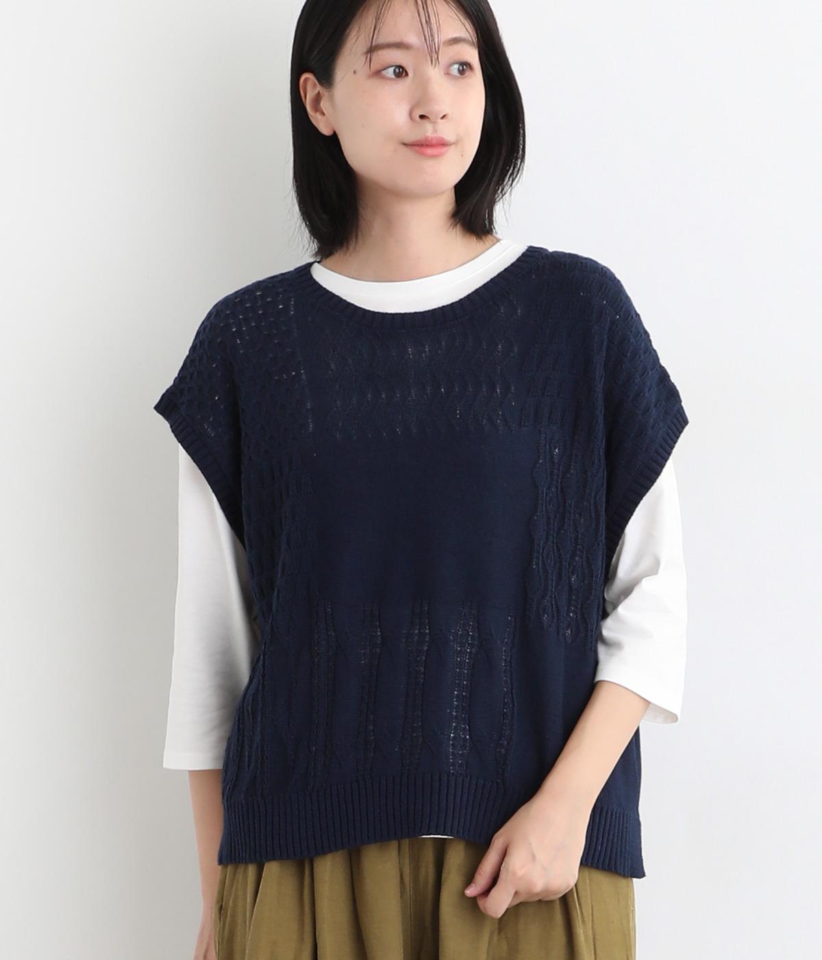 夜空の編み柄切り替え2wayベスト(ダークネイビー-M)