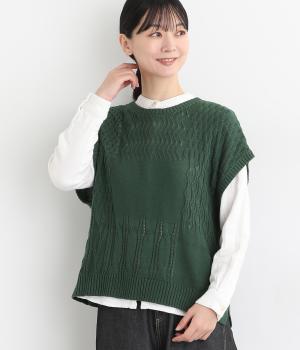 夜空の編み柄切り替え2wayベスト(グリーン-L)